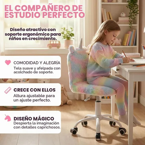 Vista 5 de Silla Linda y Peluda para Niños, Silla Divertida y Giratoria para Escritorio de Estudio, Silla de Tocador Colorida para Niñas, Silla Giratoria
