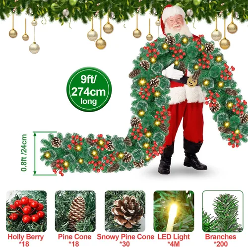 Vista 2 de Guirnalda de Navidad con luces, guirnalda de 30 luces LED de 9 pies, funciona con pilas, decorada con piñas, bayas, pino nevado artificial
