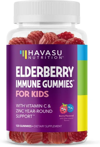 Vista 9 de Gomitas de saúco para niños con zinc y vitamina C, suplemento de apoyo inmunológico para niños, 60 unidades, vegano, sabor a bayas, conveniente