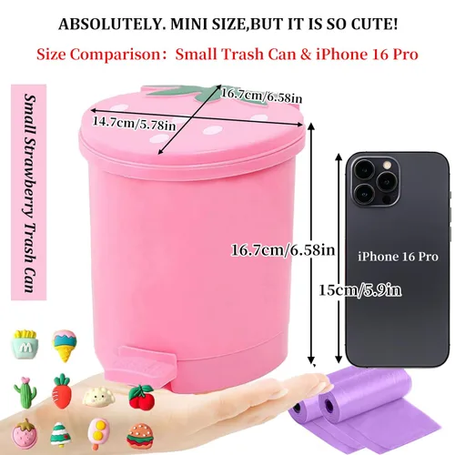 Vista 5 de Bote de Basura de Fresa, Bote de Basura de Plástico Lindo de 1 Galón para Escritorio Kawaii Pequeño Bote de Basura de Fresa para Dormitorio con 2