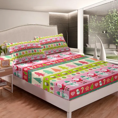Vista 2 de Juego de sábanas con diseño de Papá Noel y muñeco de nieve para niños, niñas y niños, de temática navideña, juego de cama con diseño de árbol