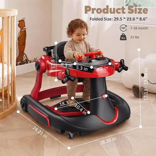 Vista 7 de TODEFULL Andador de bebé 6 en 1 con ruedas, altura de 3 niveles, caja de Rojo + negro