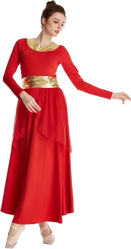 Vista 2 de MYRISAM Mujeres Alabanza Bata de Baile Culto Litúrgico Cintura Metálico Vestido de Manga Larga Falda de Gasa Traje Lírico