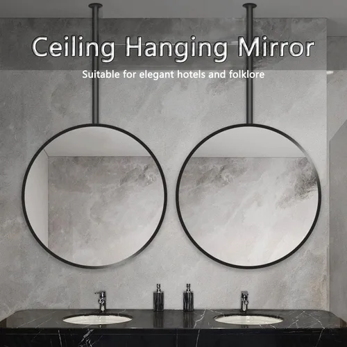 Vista 3 de Decorative Mirrors for Wall, Circle Ceiling Mounted Mirror, Floating Bathroom Vanity Hanging Mirror with Black Metal Frame and Boom - Round
