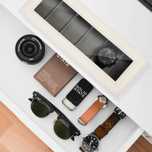 Vista 6 de NEX Caja de reloj organizador para hombres, de piel sintética superior de cristal para el almacenamiento de relojes