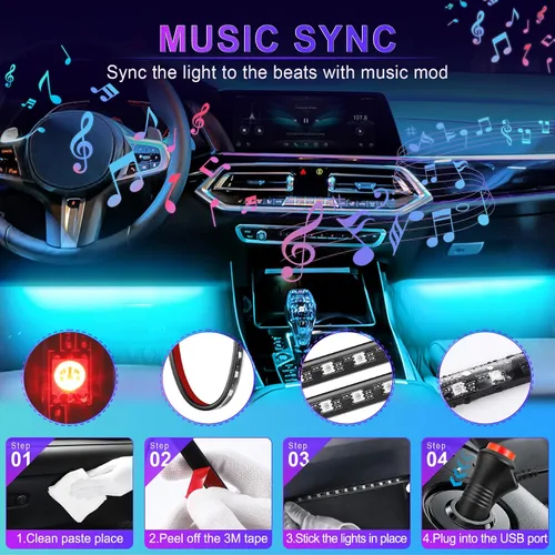 Vista 5 de LivTee Luces inteligentes para interiores de automóvil, luces LED RGB con control de aplicación, modo de música y bricolaje, diseño de 2 líneas
