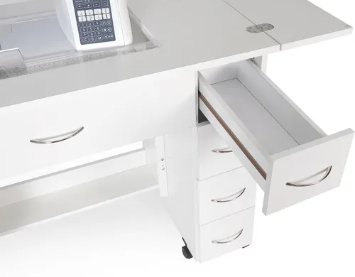 Vista 4 de Arrow - Muebles de costura clásicos Alice - Armario de costura compacto de tamaño mediano con elevación hidráulica de máquina, cajones, hojas