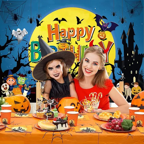 Vista 2 de Sensfun Telón de fondo de cumpleaños de Feliz Halloween, Luna Noche, Calabaza, Fondo de cumpleaños, Castillo Fantasma, Telón de fondo de Halloween