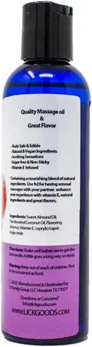 Vista 2 de Lick Aceite de masaje con sabor a frambuesa, aceite de masaje comestible de bayas brillantes con aceite de almendras dulces y vitamina E