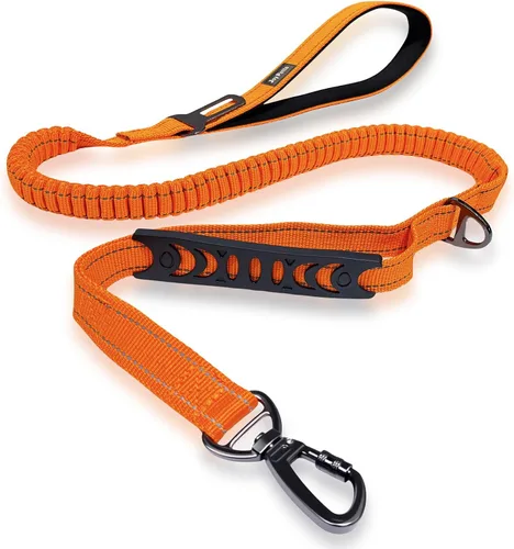 Vista 6 de Correa elástica táctica sin tirones para perros medianos y grandes con doble asa (4-6 pies), absorbe los golpes, mango de tráfico y entrenamiento