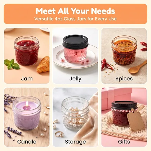 Vista 4 de QAPPDA Tarros de gelatina de cristal con tapas y bandas, utilizados para enlatar, decapado, jugo, mermelada, gelatina, tamaño de cuarto de pinta