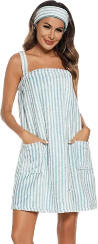 Vista 107 de Veseacky Toalla de baño para mujer con bolsillo, bata de spa ajustable y diadema facial