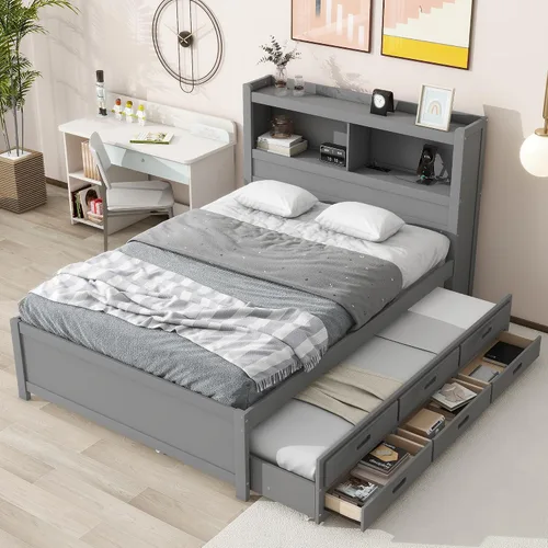 Vista 17 de Cama de plataforma de tamaño matrimonial con cajones y estantes de almacenamiento, base de cama de madera maciza, base de colchón con cabecera