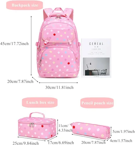 Vista 2 de Armbq Mochilas con estampado de lunares para niñas con lonchera, juego de mochila escolar para adolescentes, E-Negro, Estampado De Lunares E