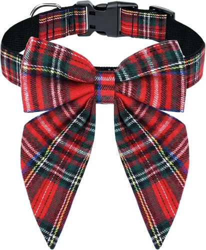 Vista 7 de Collar de perro de Navidad Malier con moño, collares de Navidad rojos clásicos para niñas y niños, collares de cachorro ajustables y lindos