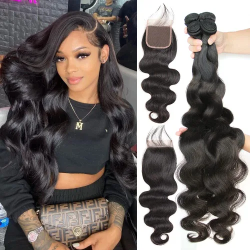 Vista 11 de Paquetes con extensiones de cabello ondulado con cierre (10 12 14+10, parte libre) cierre de encaje 4×4 con 3 paquetes 100% cabello humano virgen