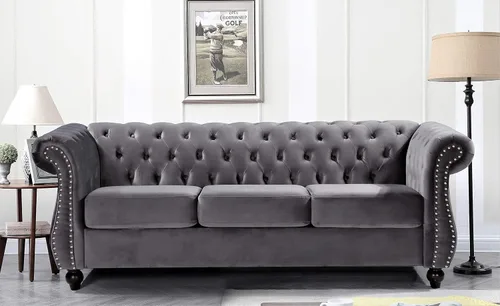 Vista 7 de Container Furniture Direct Feinstein - Sofá de terciopelo moderno Chesterfield para sala de estar con cabezas de clavos, acolchado de diamante