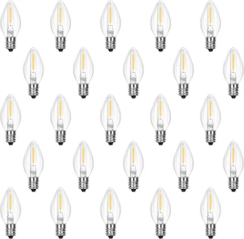 Vista 10 de 25 Pack C7 E12 Purple LED Replacement Bulbs for Outdoor String Lights 0.6W Design, 120V, Dimmable design, IP65 Shatterproof Plastic for Halloween