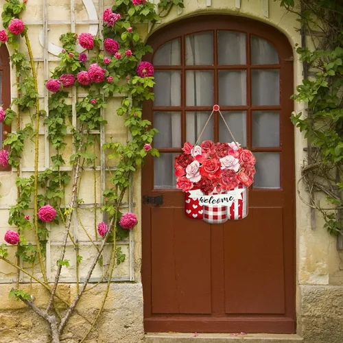 Vista 2 de Karenhi Corona de puerta del día de San Valentín para puerta delantera, letrero de madera, decoración del día de San Valentín, decoración