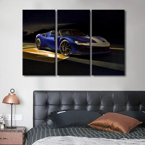Vista 141 de Arte de pared de auto deportivo rojo para sala de estar, arte de pared de lienzo de súper auto genial, imágenes pósters, 3 piezas, arte moderno