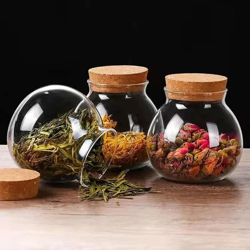 Vista 4 de Tarro de vidrio esférico de 17 onzas con tapa de corcho hermético, tarro de vidrio de cocina para conservar y almacenar dulces, té, café, especias