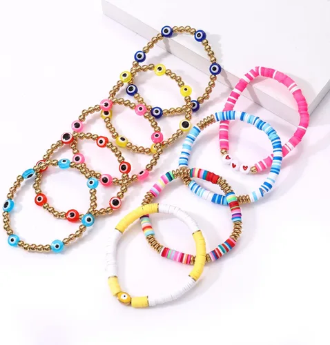 Vista 67 de Surfer Heishi - Pulseras apilables para mujer, apilables, de vinilo arcoíris, disco de arcilla, pulseras elásticas para la amistad, joyería bohemia