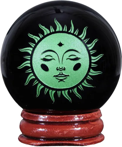 Vista 8 de Rockcloud Bola de meditación con esfera de piedra de obsidiana negra con base de madera para decoración del hogar