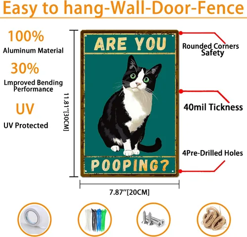 Vista 4 de Divertido arte de pared para baño, letrero de gato con texto en inglés "Are You Pooping", letreros metálicos vintage para baño, casa o apartamento