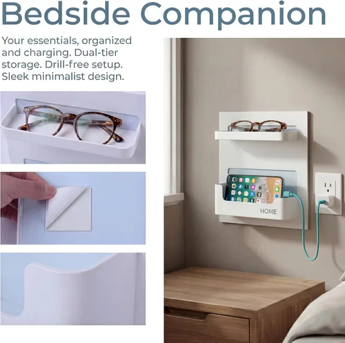Vista 3 de Estante de mesita de noche con gel adhesivo fuerte, soporte organizador de montaje en pared para teléfono celular, lentes, control remoto, llaves