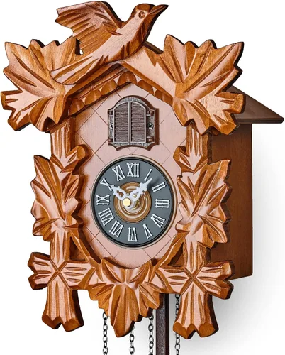 Vista 5 de TIMEGEAR Reloj de cuco pequeño con modo nocturno, pájaro tallado a mano y péndulo oscilante (cereza)