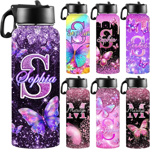 Vista 29 de Botellas de agua personalizadas para niñas, de acero inoxidable con aislamiento de doble pared con pajita, botella de agua de color degradado