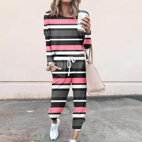 Vista 2 de Conjunto de dos piezas para mujer, manga larga, cuello redondo, sudadera y pantalones largos, traje de chándal pequeño