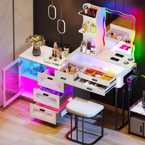 Vista 13 de Lvifur Tocador de Estilo Granja con Espejo Deslizante y Luces, Mesa de Tocador con Superficie de Cristal y Almacenamiento de Joyas, Juego de Tocador