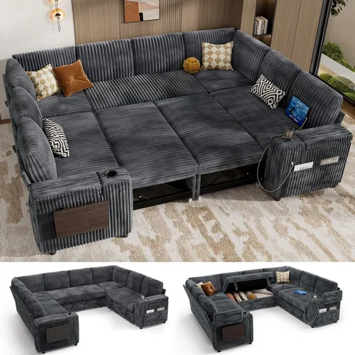Vista 20 de Vipbear Sofá cama modular de 86 pulgadas con cama extraíble, sofá en forma de L de pana de felpa de 3 asientos con diván de almacenamiento, puertos