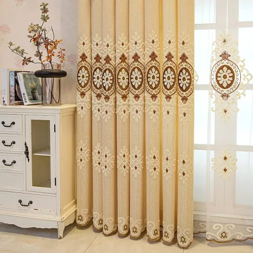 Vista 7 de ELKCA Cortinas bordadas de jacquard para dormitorio, cortinas beige de lujo para sala de estar, ojales superiores, 2 paneles