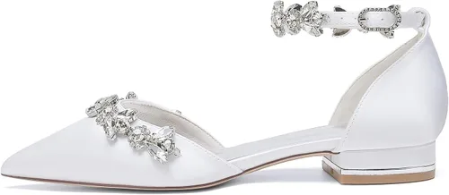 Vista 4 de Zapatos planos de satén puntiagudo para mujer, cómodos diamantes de imitación, correas de tobillo, zapatos de tacón para novia, zapatos de fiesta