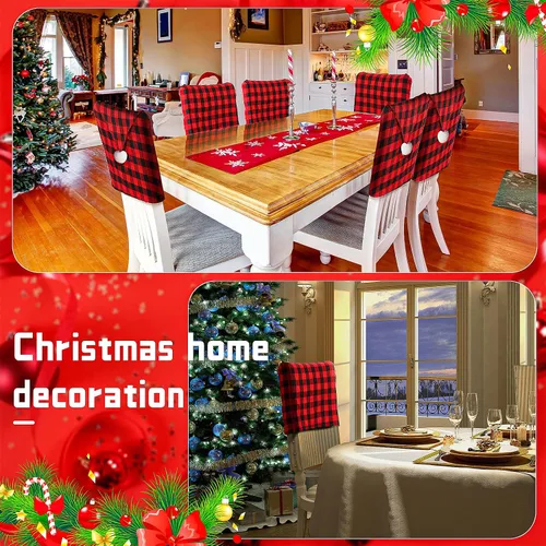 Vista 3 de Queekay 6 piezas de fundas traseras de silla de Navidad, protector de silla de comedor de Navidad con diseño de sombrero de Papá Noel, a cuadros
