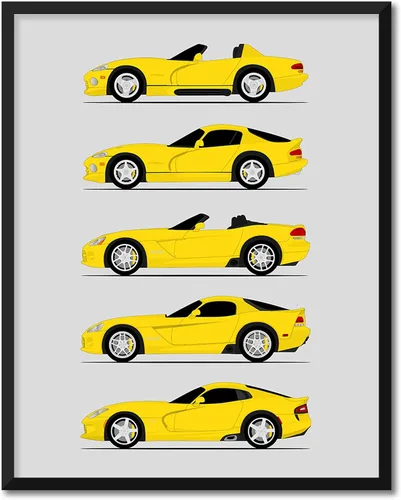 Vista 8 de Custom Car Posters Póster hecho a mano compatible con Dodge Viper Generations e impresión de Viper R/T GTS SRT10, color rojo con rayas blancas, 3.