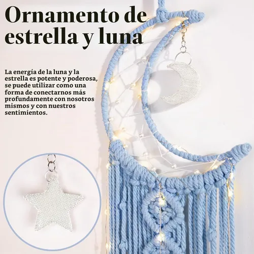 Vista 2 de Atrapasueños de luna de macramé para niña, atrapasueños de media luna azul estilo bohemio para dormitorio de adultos, adorno hecho a mano