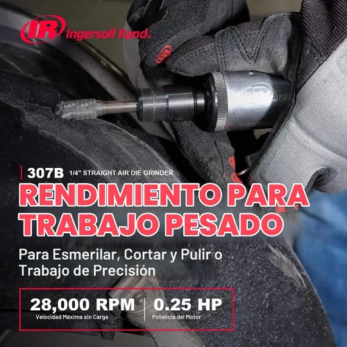Vista 2 de Ingersoll Rand 307B 1/4" Amoladora neumática con troquel recta, 28,000 RPM, 0.25 HP, construcción de rodamiento de bolas, bloqueo de seguridad
