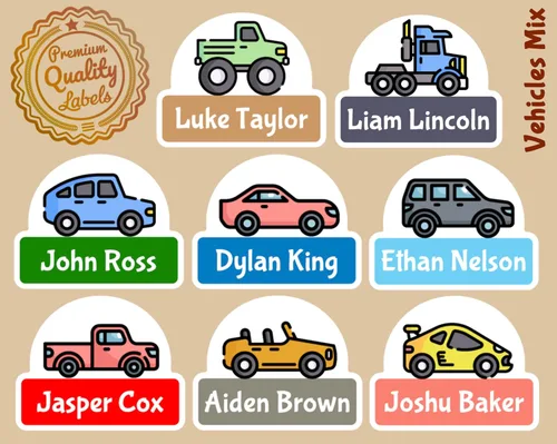 Vista 2 de Etiquetas lindas personalizadas para nombre de automóvil de vehículos, 16 a 128 unidades, etiquetas perfectas para niños para guardería