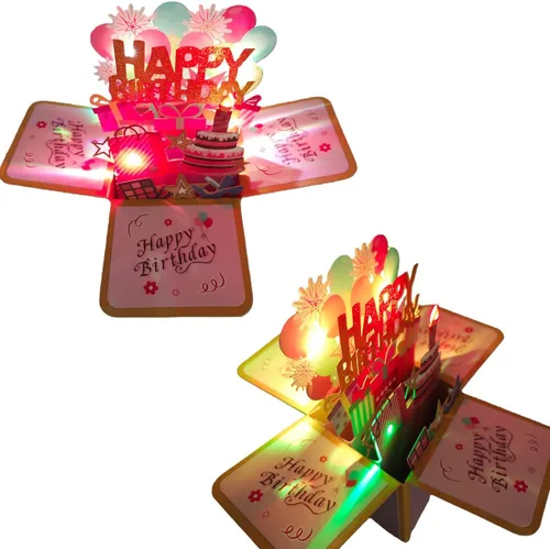 Vista 4 de Tarjetas de cumpleaños 3D desplegables, reproducción automática 3D de colores cambiables, música ligera, tarjetas de pastel de cumpleaños emergentes