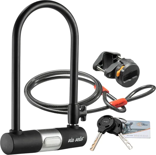 Vista 9 de Cerrojo en U para bicicleta con cable Via Velo, cerradura en U resistente antirrobo para bicicleta con cable de acero trenzado de 8 mm y 3 llaves
