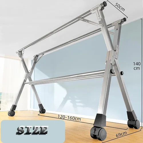 Vista 4 de Estante de secado de ropa de acero inoxidable resistente con ruedas, ajustable y plegable que ahorra espacio para interiores y exteriores, estante