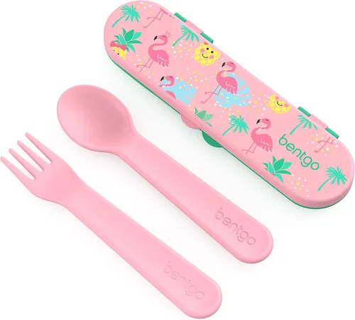 Vista 18 de Bentgo Juego de utensilios para niños, tenedor, cuchara y estuche de almacenamiento de plástico reutilizable, materiales sin BPA, asas de fácil