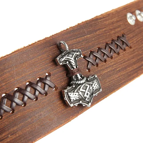 Vista 5 de HZMAN Mjölnir - Pulsera de piel auténtica para hombre, diseño gótico, ajustable, estilo gótico