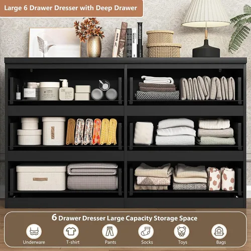 Vista 4 de Cómoda negra de 6 cajones para dormitorio, cómoda de cajones profundos moderna con diseño sin tirador, cómoda de almacenamiento con cajones, mueble