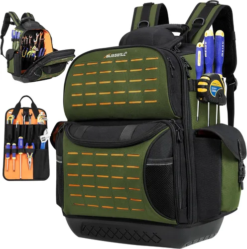 Vista 9 de BLISSWILL Mochila de herramientas para hombres, mochila de herramientas resistente con base moldeada impermeable, 62 bolsillos/40 bucles bolsas