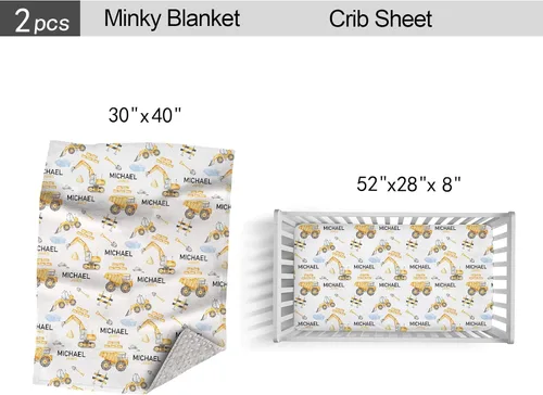 Vista 4 de Juego de cama personalizado para bebé, ropa de cama de cuna con nombre personalizado, juego de 2 piezas con edredón y sábanas bajeras Construcción