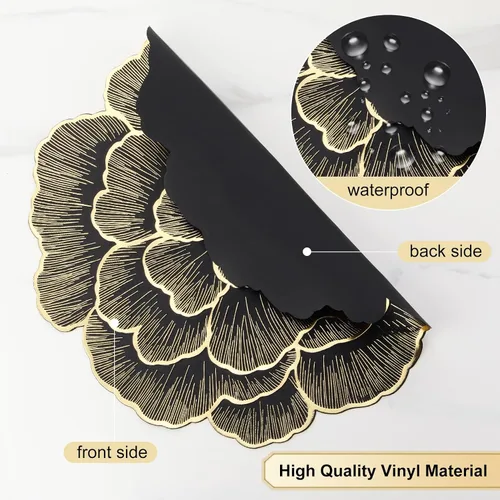 Vista 3 de Juego de 6 manteles individuales dorados con flores para mesa de comedor, manteles individuales redondos de vinilo prensado metálico de 15 pulgadas